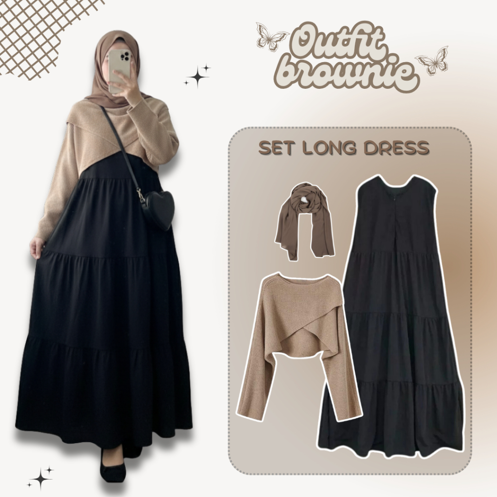 One Set Dress Hijab 3In1 ( Pashmina + Sweater + Inner Dress ) Outfit Wanita Muslim Long Dress Rajut 