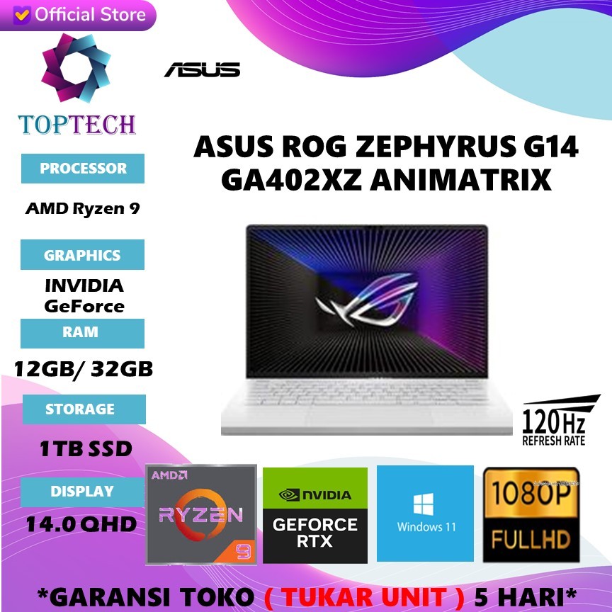 ASUS ROG ZEPHYRUS G14 GA402XZ ANIMATRIX RYZEN 9 7940 RTX4080 RAM 12GB/ 32GB SSD 1TB WINDOWS11 14.0Q 