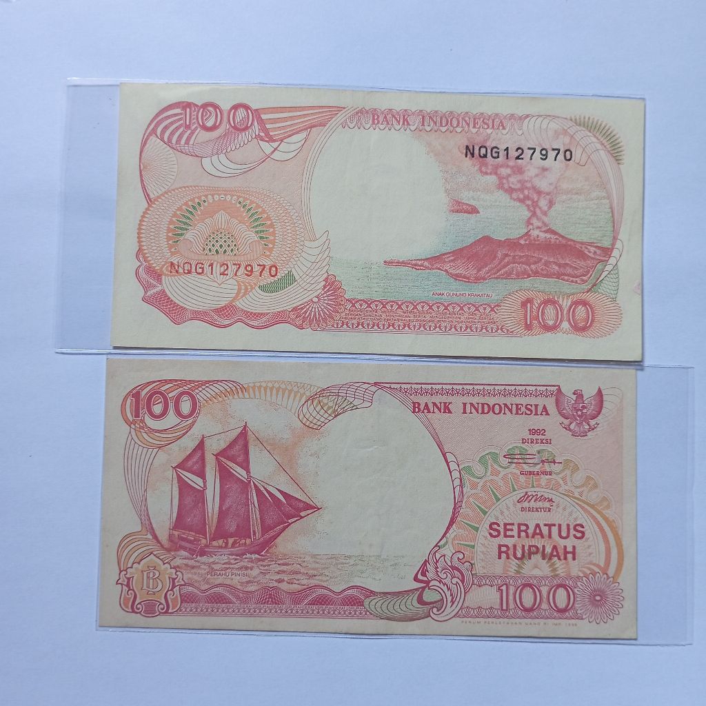 100 rupiah uang kertas pinisi tahun 1992 bagus asli