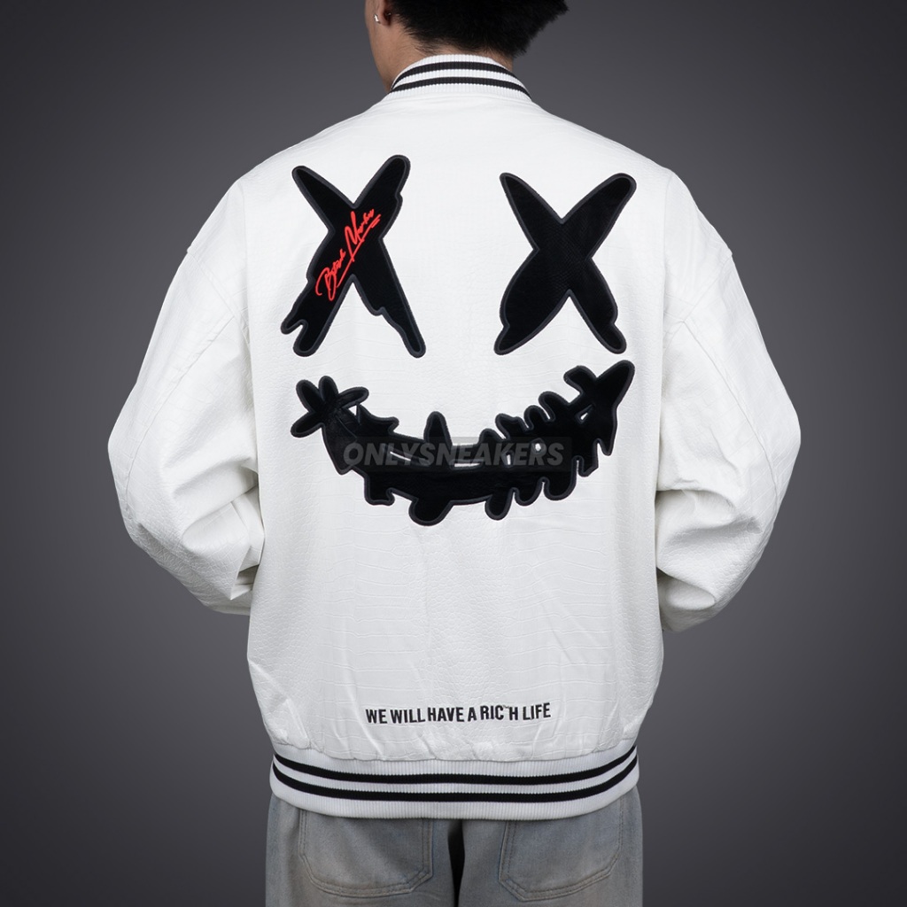 RICKY IS CLOWN BLACK MAMBA SNAKESKIN EMBROIDERED CROCODILE VARSITY WHITE JACKET