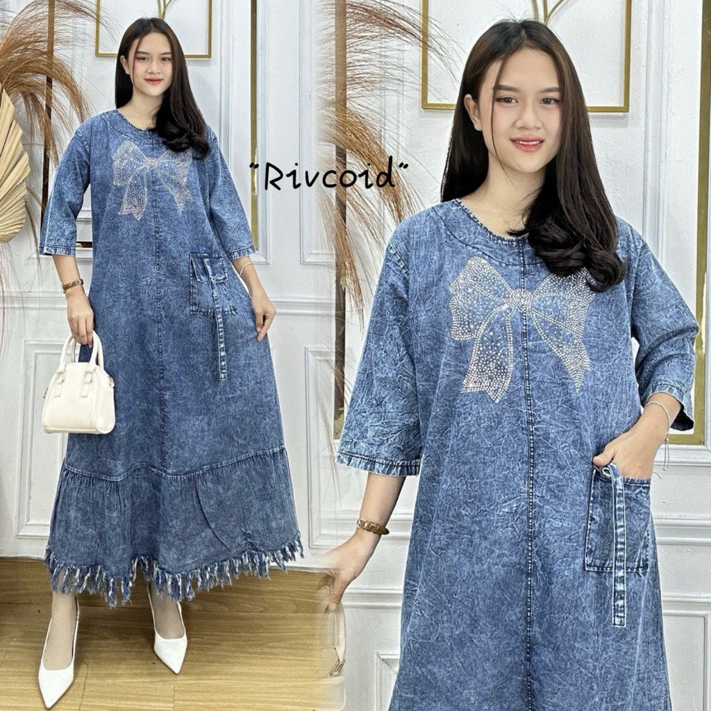 MIDI RIVCO/MIDIDRESS JEANS PREMIUM/GAMIS DENIM MOTEK/LONGDRESS SOFT JEANS/LONG TUNIK JEANS CARGO