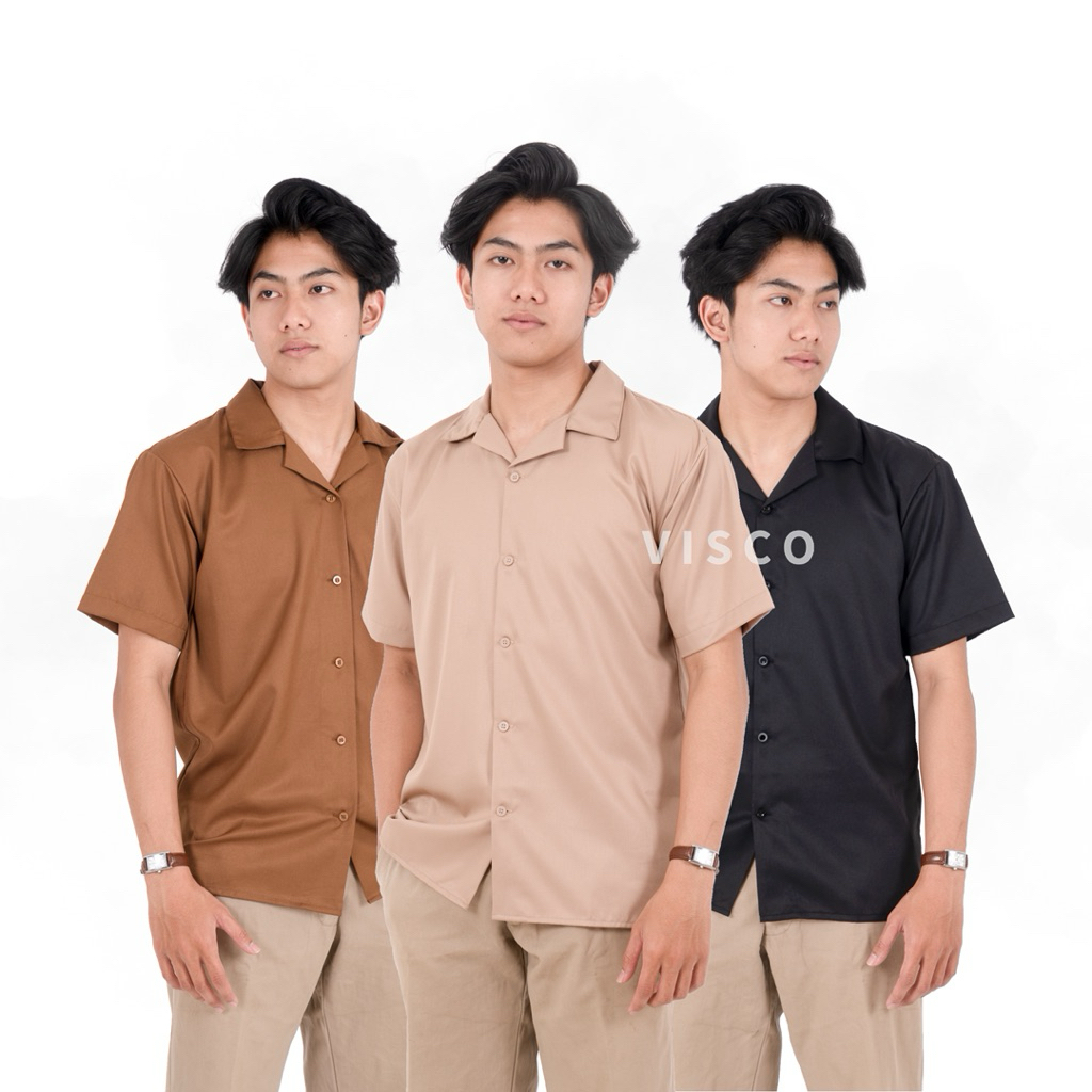 Kemeja Pria VISCO Cuban Shirt Hawaiian Shirt Kemeja Kerah V Kemeja Polos Lengan Pendek Cowok