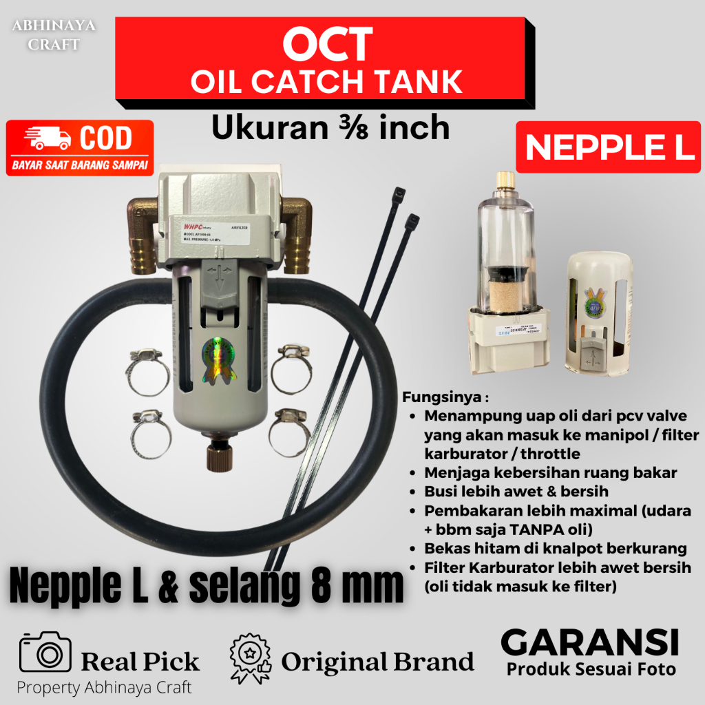 OCT 10mm 3/8 Inch Nepple L Filter Uap Oli Mesin OCT Oil Cath Tank Variasi Sparepat Mobil Penampung U