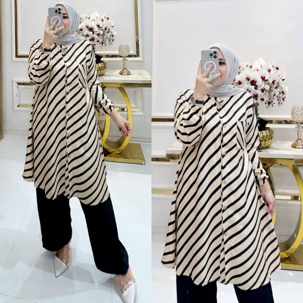 Busana tunik wanita,set tunik garis,tunik,busana muslim tunik rayon diamond premium