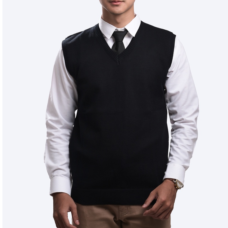 Sweater Rajut Pria Vest Rompi Polos Tanpa Lengan Outer Formal Cowok Casual Basic Korea Kantor Katun