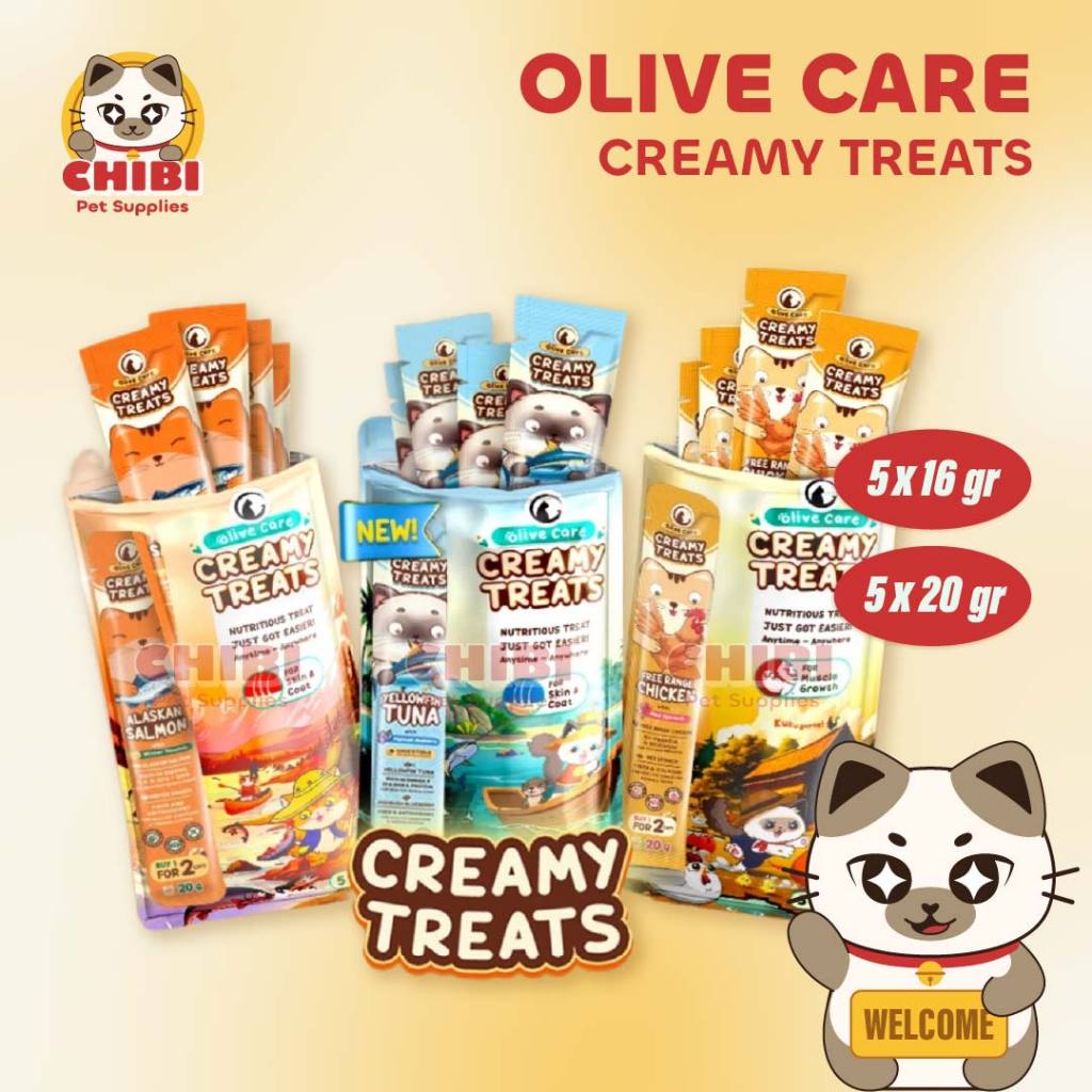 Olive Care Creamy Treats 5 Tubes 16gr & 20gr - Snack Cemilan Kucing Daging Asli