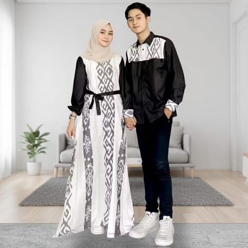 Baju Couple Batik Modern Hitam Putih – Setelan Pasangan Muslim Elegan