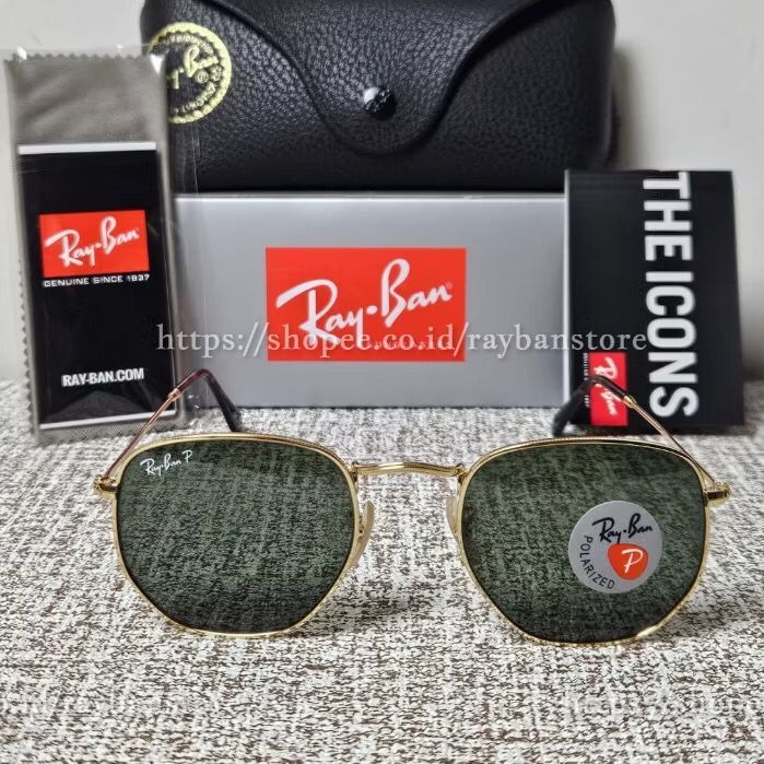 Kacamata Rayban Hexagonal RB3548N 001/51 51 Gold Lens Green Original