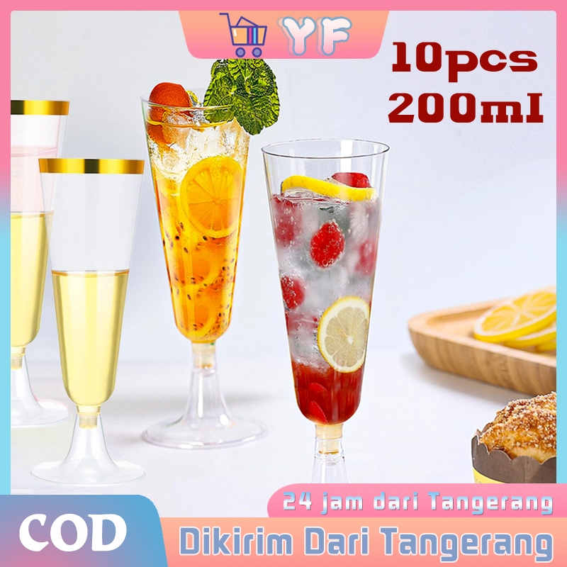 10pcs Gelas Champagne Plastik Gelas Kaki Plastik 200ml Gelas Plastik Bening Tebal Gelas Wine