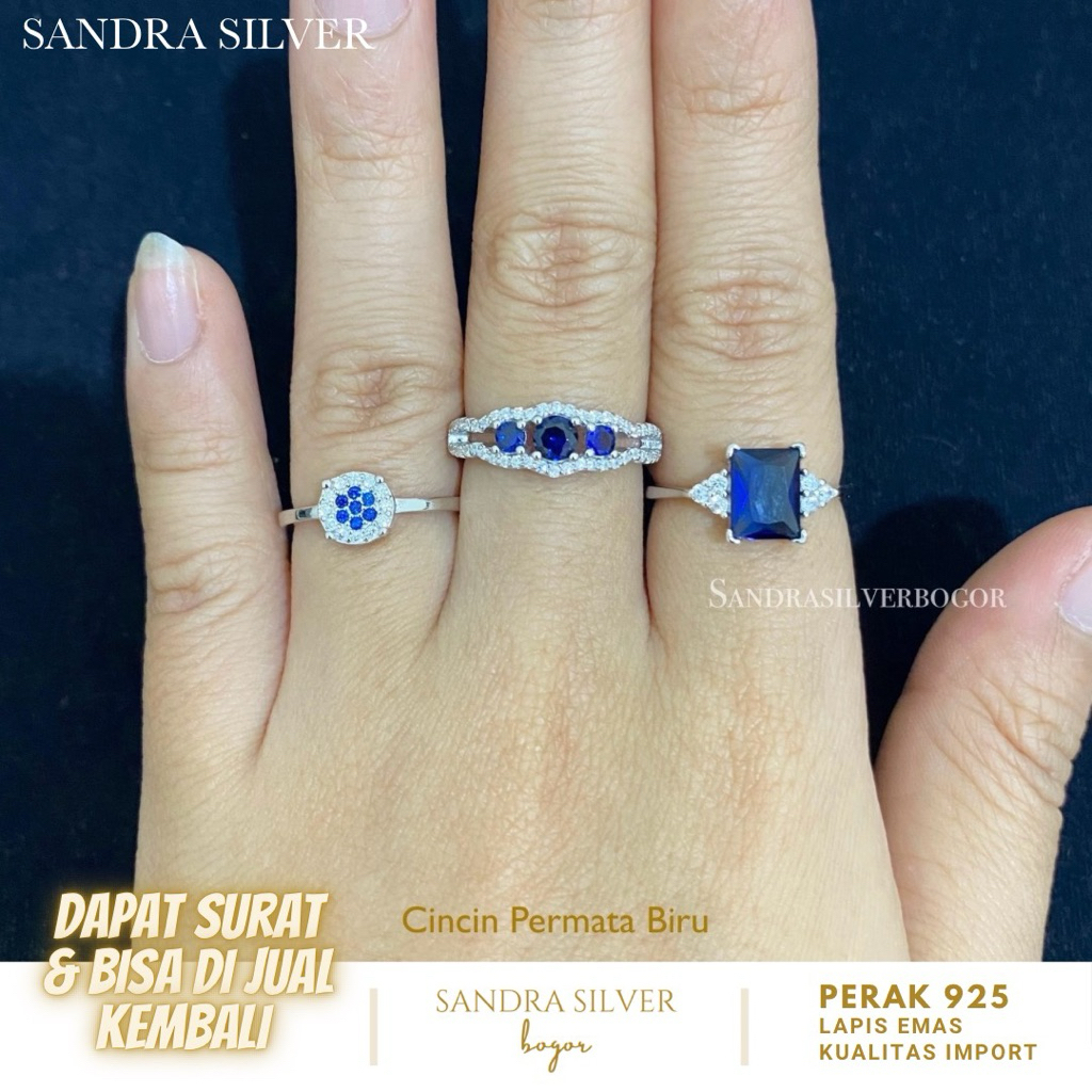 Cincin Permata Biru Perak 925 Lapis emas putih