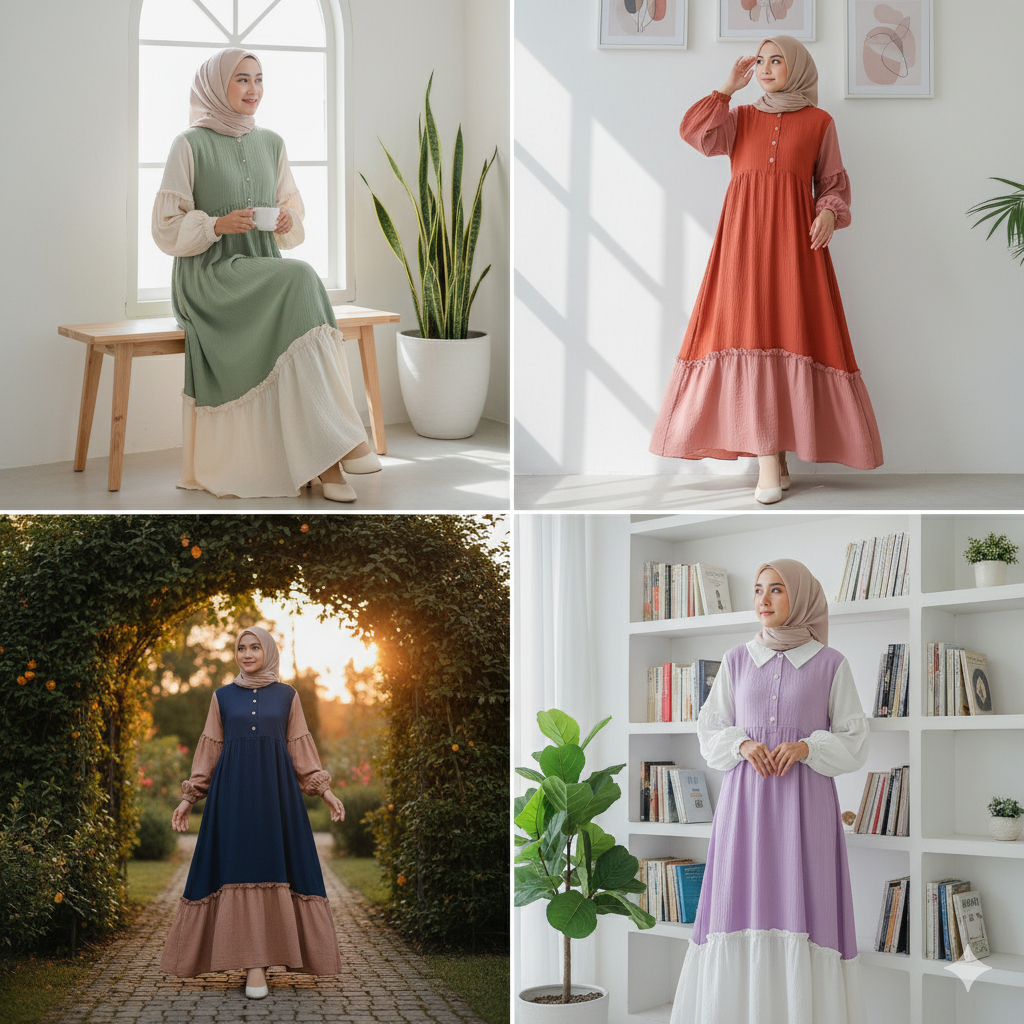 Maxi Dress Remaja Gamis Crinkle Lengan Balon Kondangan Kekinian Abaya Kombinasi Warna Two Tone Dress