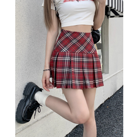 Rok Mini Kotak-Kotak Wanita High Waist Jepang JK Rok Plisket Rok Pendek A-Line Sekolah Remaja