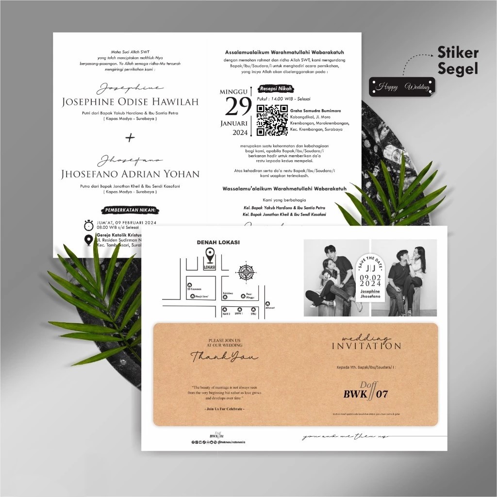Cetak Undangan Nikah Hitam Putih Aesthetic Murah Custom – Undangan Pernikahan BWK Kraft Segel Stiker