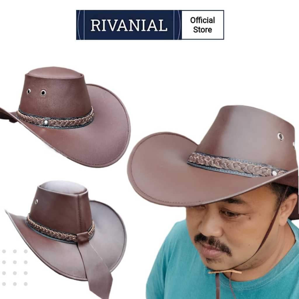 RIVANIAL Topi Koboi Kulit Asli/Topi Koboi Santai/Topi Jazz Pinggiran Lebar