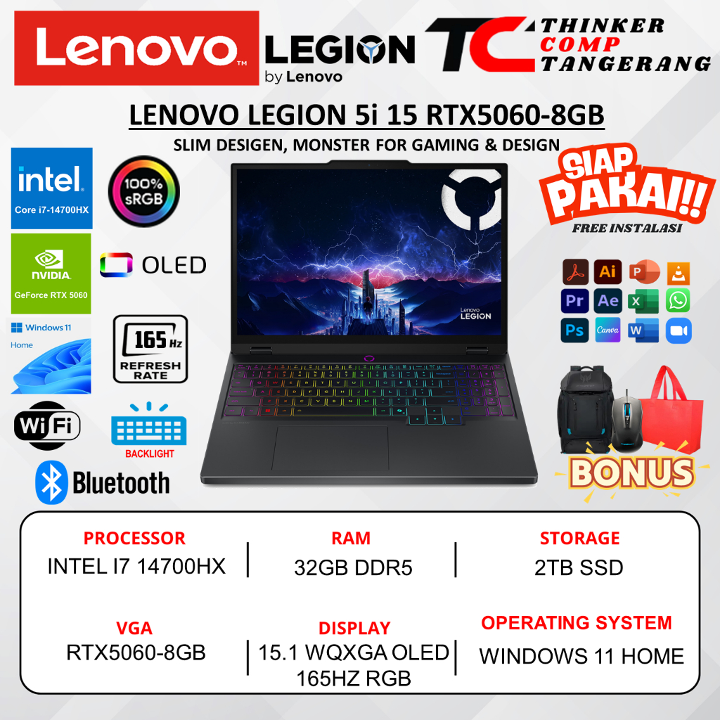 Lenovo Legion 5i 15 Intel i7 14700HX 32GB DDR5 2TB RTX5060-8GB 15.1 WQXGA OLED 165HZ RGB Win11Home