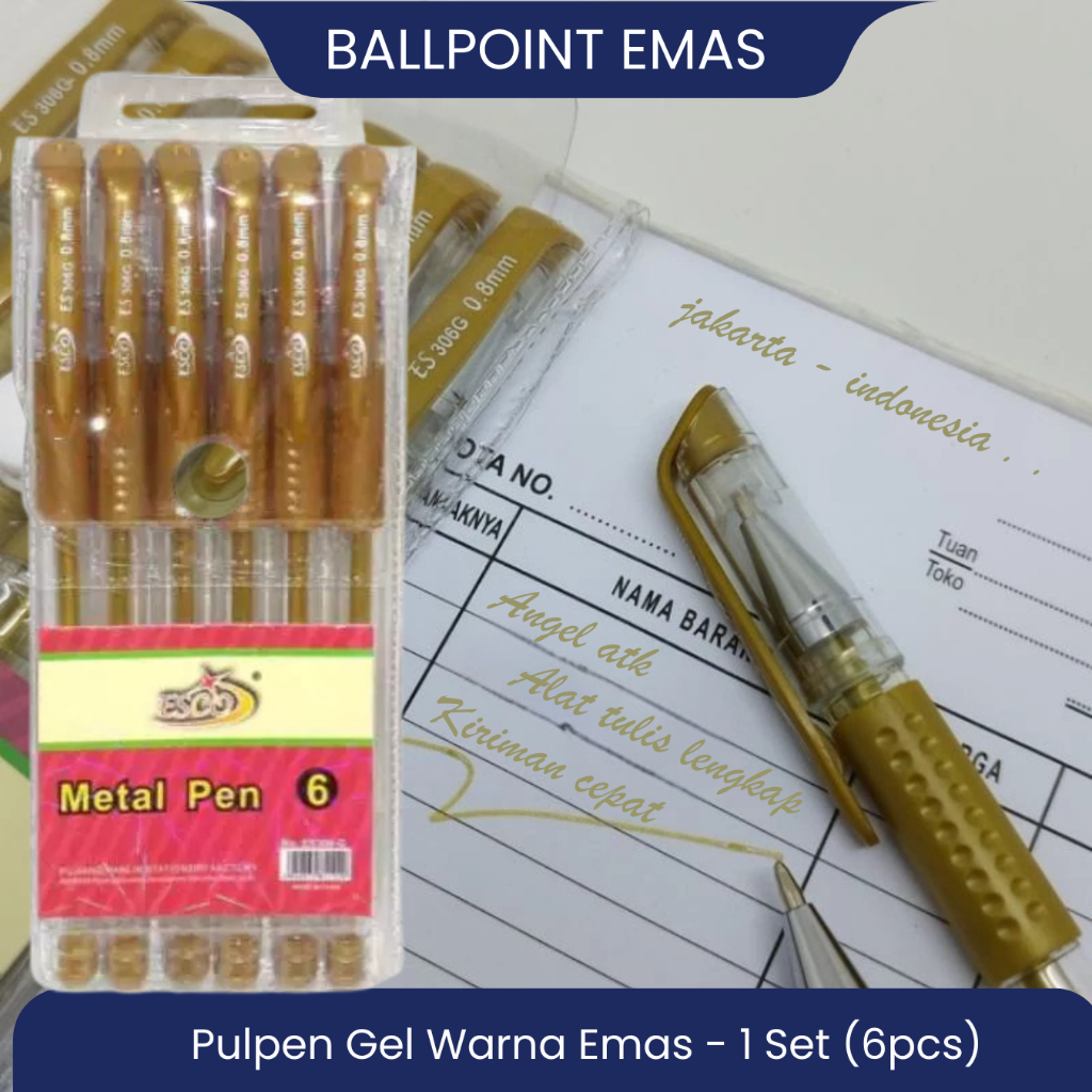 Pulpen Gel Tinta Emas / 1 Set 6 pcs / Pulpen Tinta Emas / Ballpoint