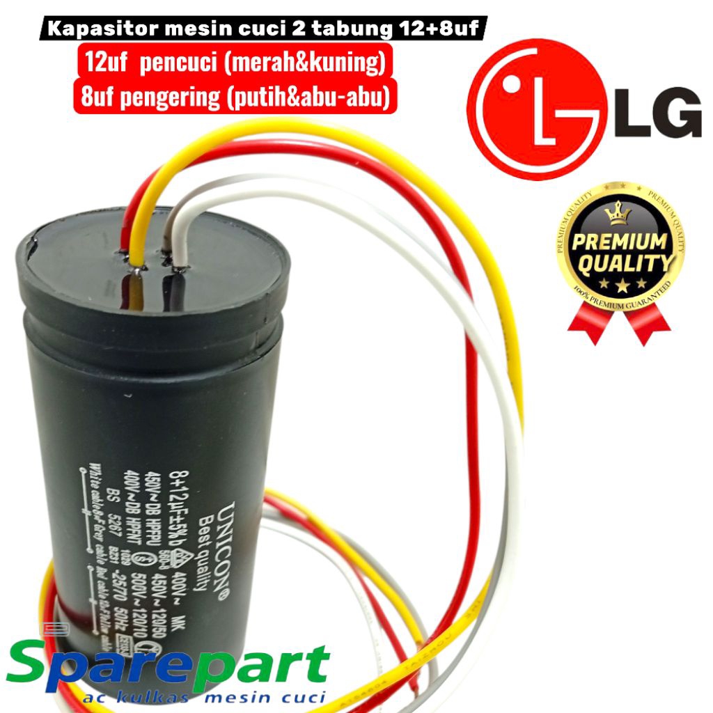 kapasitor mesin cuci LG 12+8 uf kapasitor mesin cuci LG 2 tabung 12-14kg