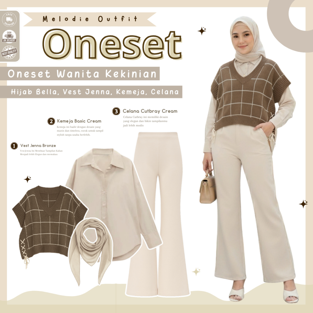 Jenna One Set Korea Style ( Hijab + Vest + Kemeja + Celana )One Set Hijab Ootd Kekinian - MO159