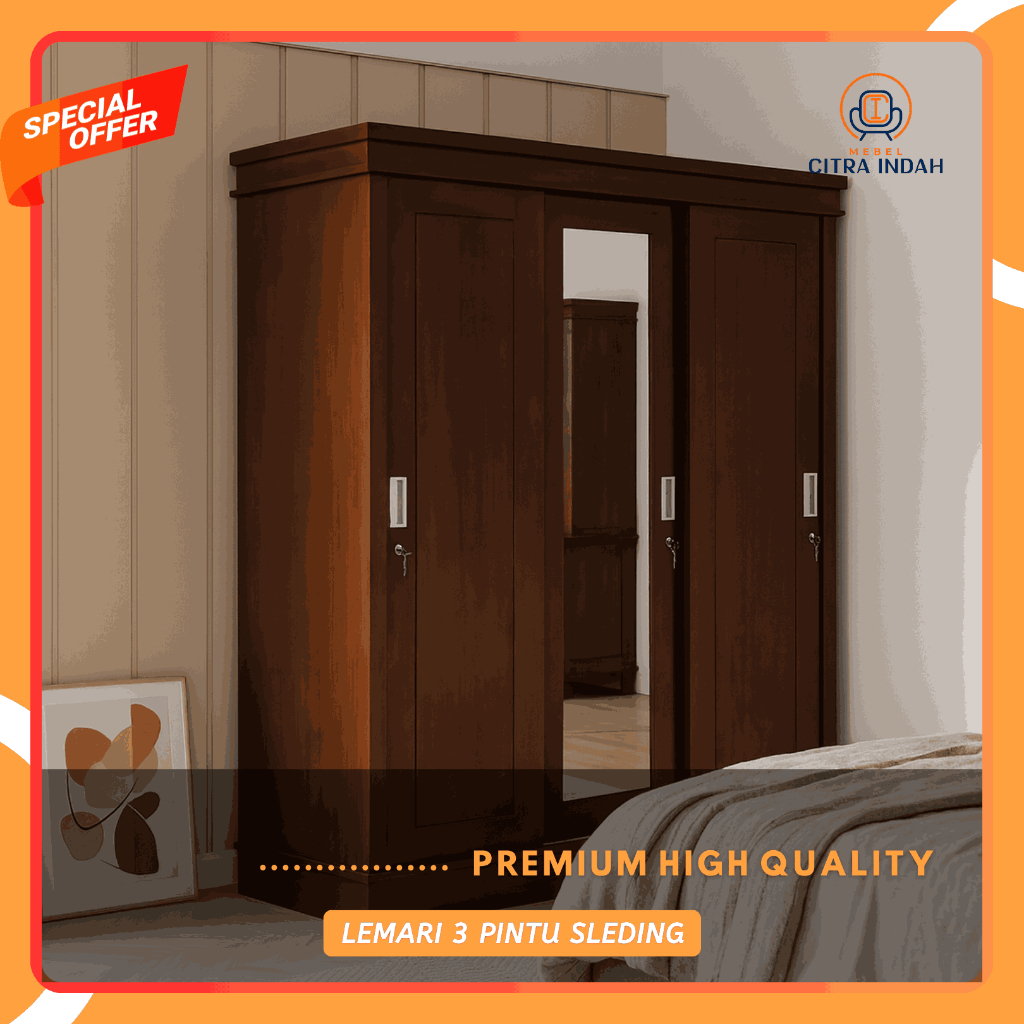 Lemari 3 Pintu Cermin Full Jati Jepara Bukaan Biasa Engsel Almari Pakaian Pintu Kayu Jati Standar