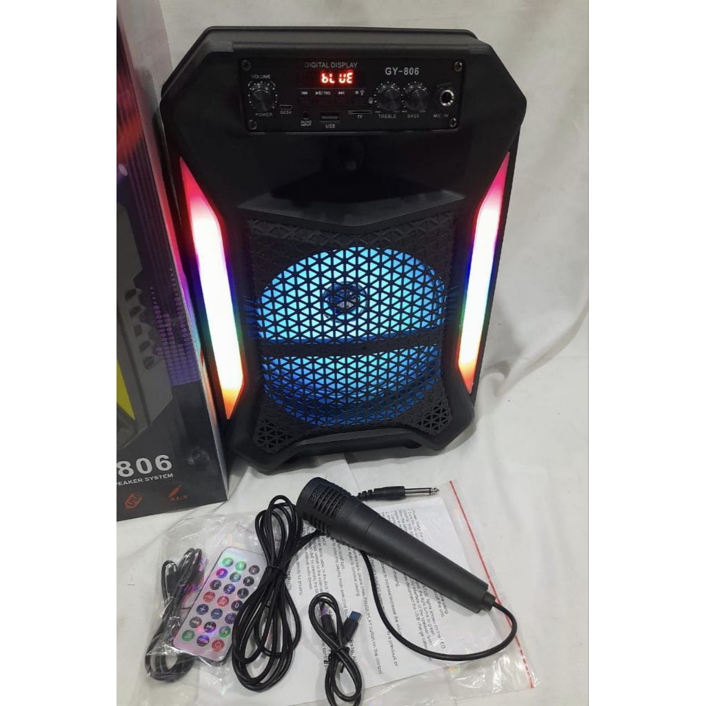 super bass gy 806 speaker portabel bluetooth Bonus mic kabel tersambung Ukuran 8 inchi 22 x 18 x 38 