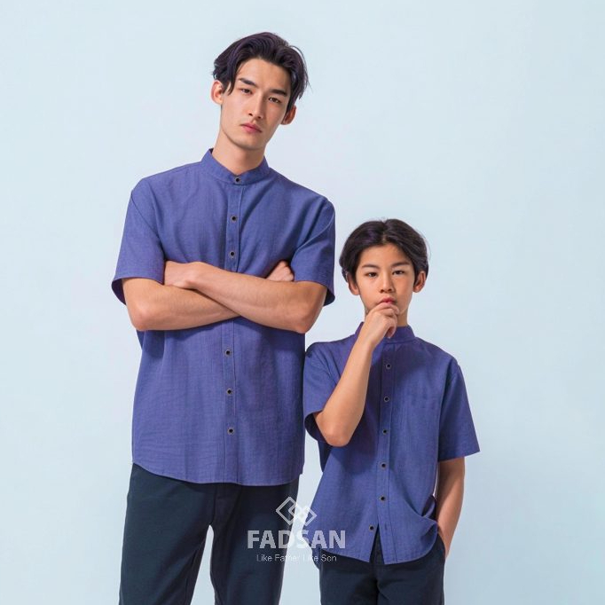 Baju Kemeja Panjang Ayah Anak Couple Koko Modern Warna Biru Denim Tufy - FADSAN