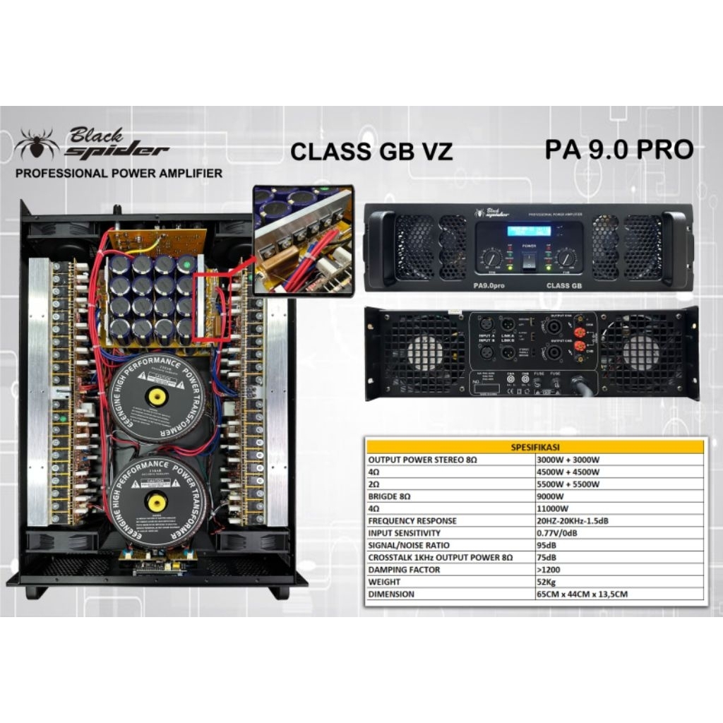 POWER AMPLIFIER BLACK SPIDER PA 9.0 PRO PROPESIONAL POWER AMPLI 2 CHANNEL CLASS GB VZ BS PA 9.0 PRO