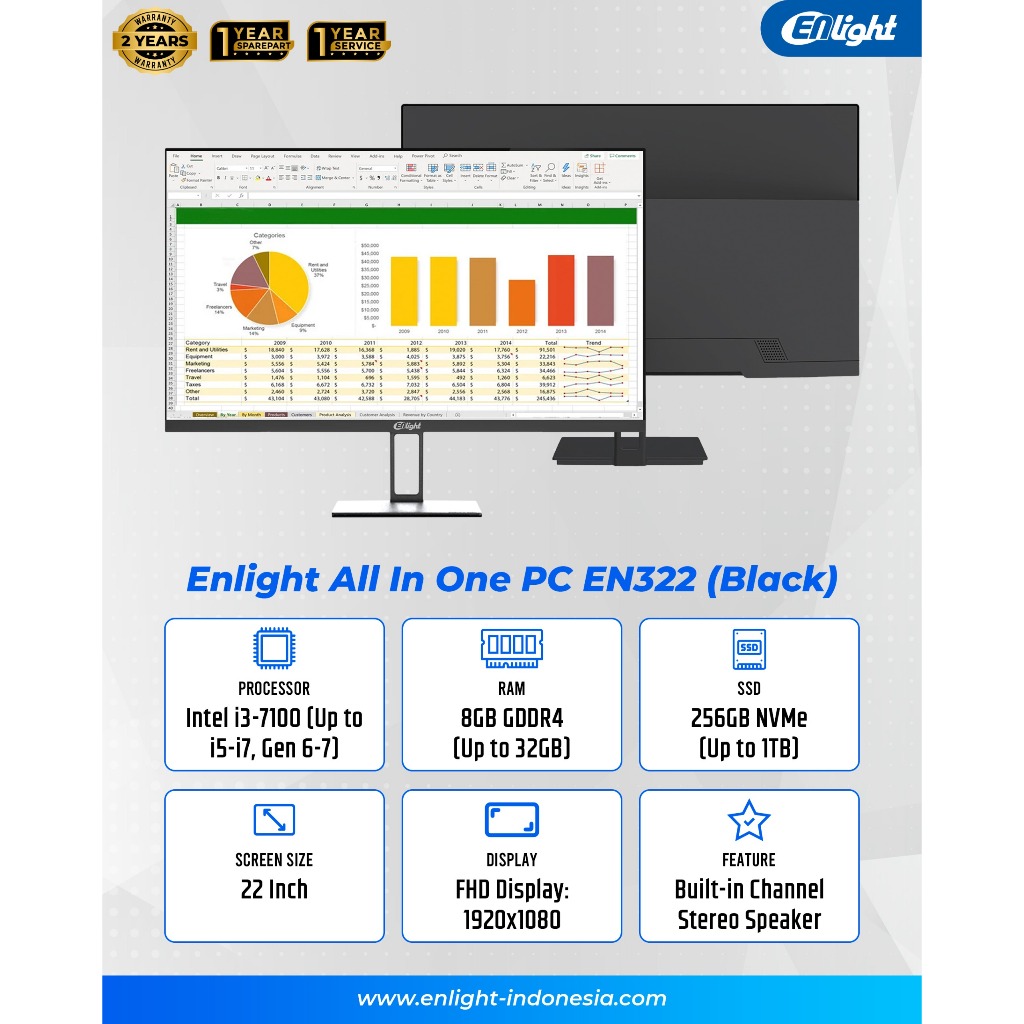 ALL IN ONE PC ENLIGHT EN322 Intel I3 GEN 7 22" | 256GB | 8GB WINDOWS 11 PRO