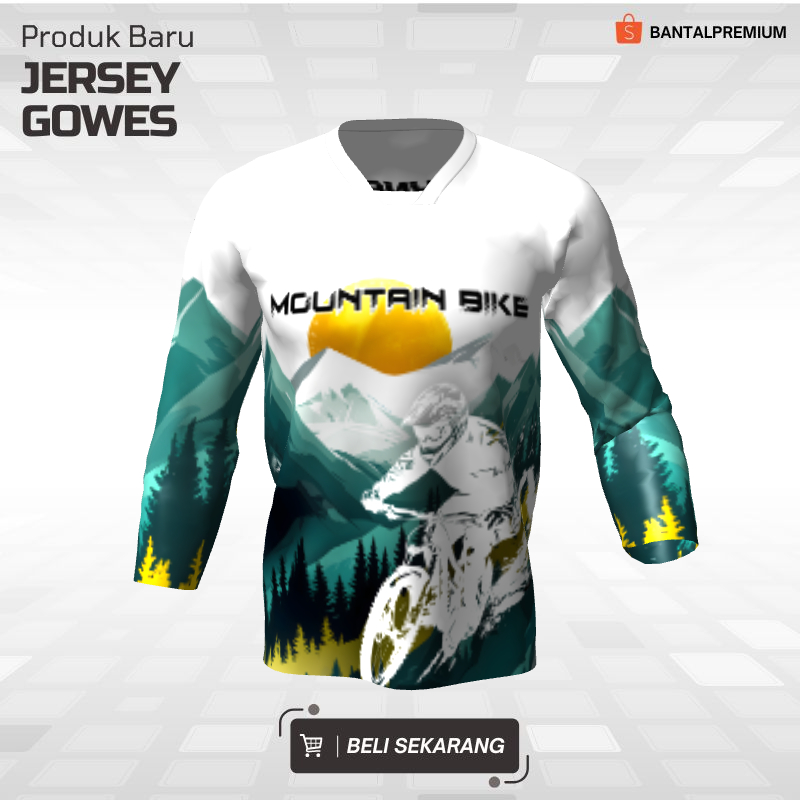Kaos Jersey Gowes Sepeda Downhill Putih Hijau Motif Pegunungan 114 - Jersey Lengan Panjang