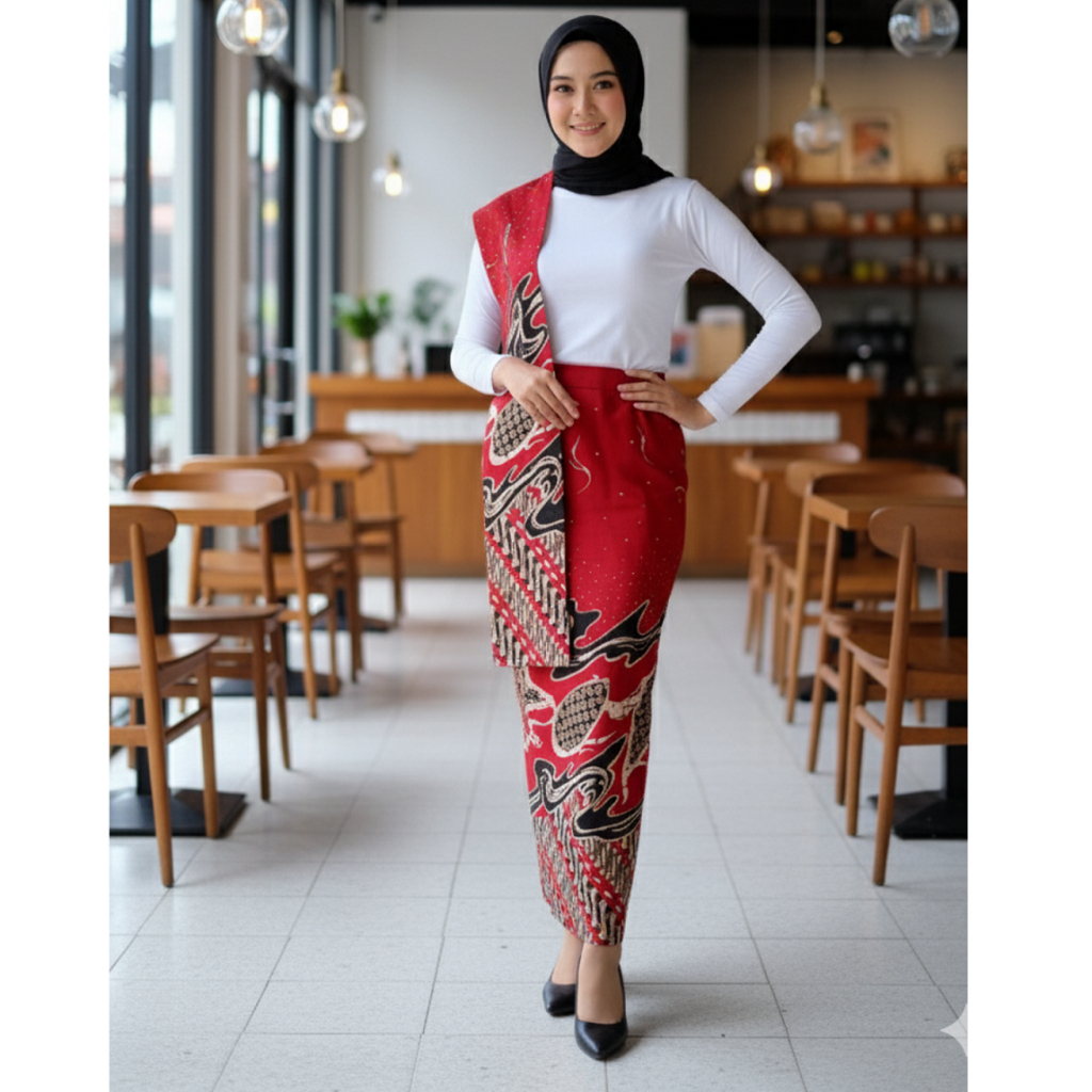 Galeri Batik Ardev - Jalada Rok Warna Merah Model Span Instan Bahan Halus Berselendang