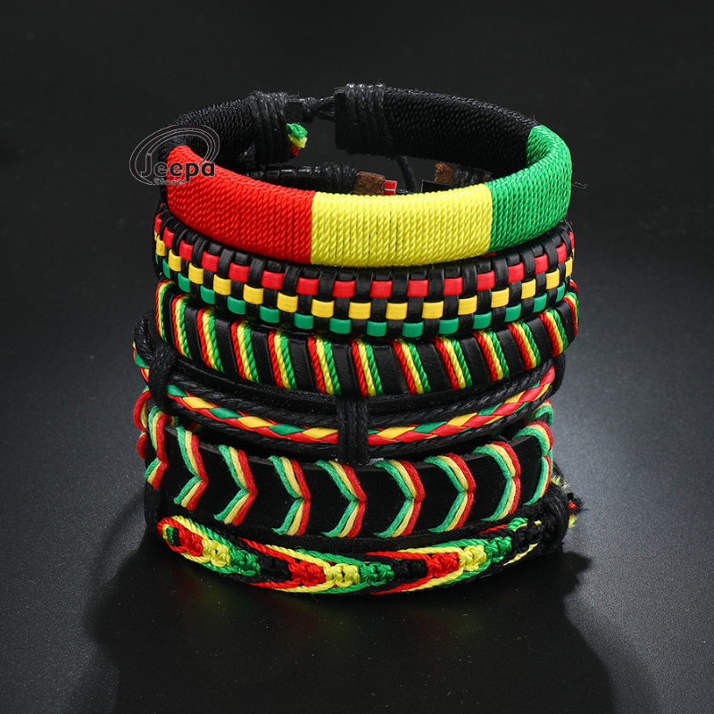 Gelang Set 6 Pcs Rastafarian Bob Marley Fashion Pria Kece Punk Rock Model Kekinian GP15