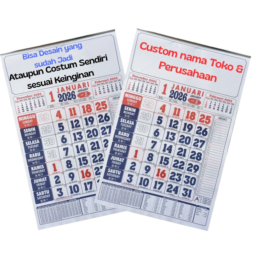 Kalender Dinding Tulisan China Tahun 2026 + Sablon(Custom) Nama Perusahaan/Toko Min. Order 100 Pcs