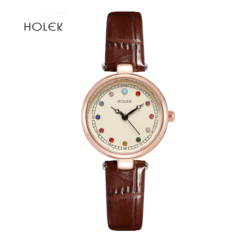 HOLEK 2151 Jam Tangan Wanita Anti Air Elegan Fashion Tali Kulit Quartz Jam Tangan Cewek+Kotak Gratis
