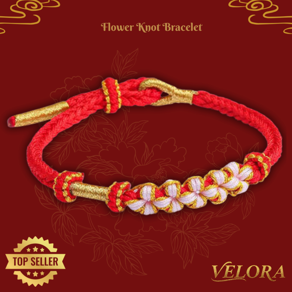 [COD] Velora Jewelry Flower Knot Bracelet | Gelang Tali Merah Anyaman Bunga Benang Emas Elegan Unise