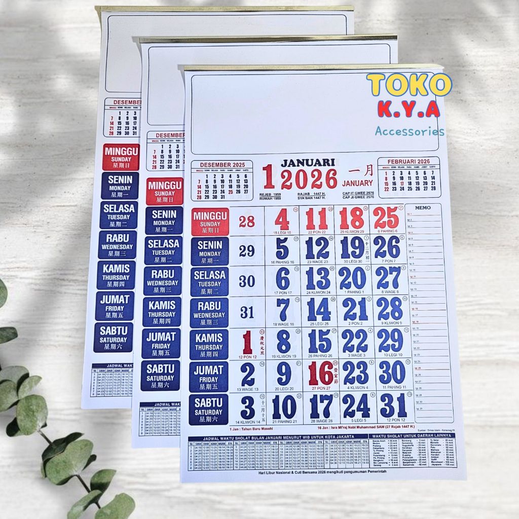 KALENDER KERJA LENGKAP TANGGALAN CINA UKURAN 32 × 48 CM TAHUN 2026 / KALENDER 2026 LENGKAP