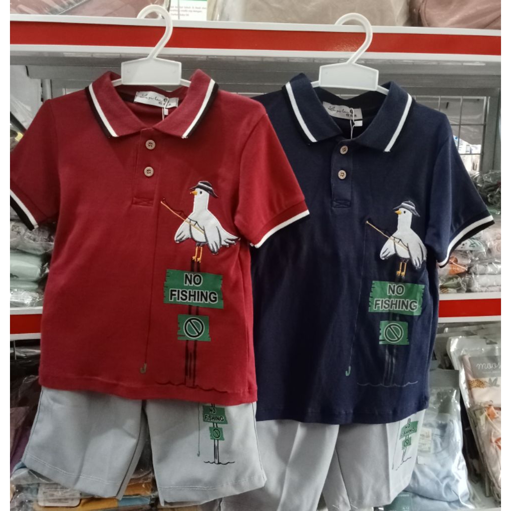 LA QI LAI Setelan Kaos Berkerah Depan Gambar Burung (1-3 Tahun)