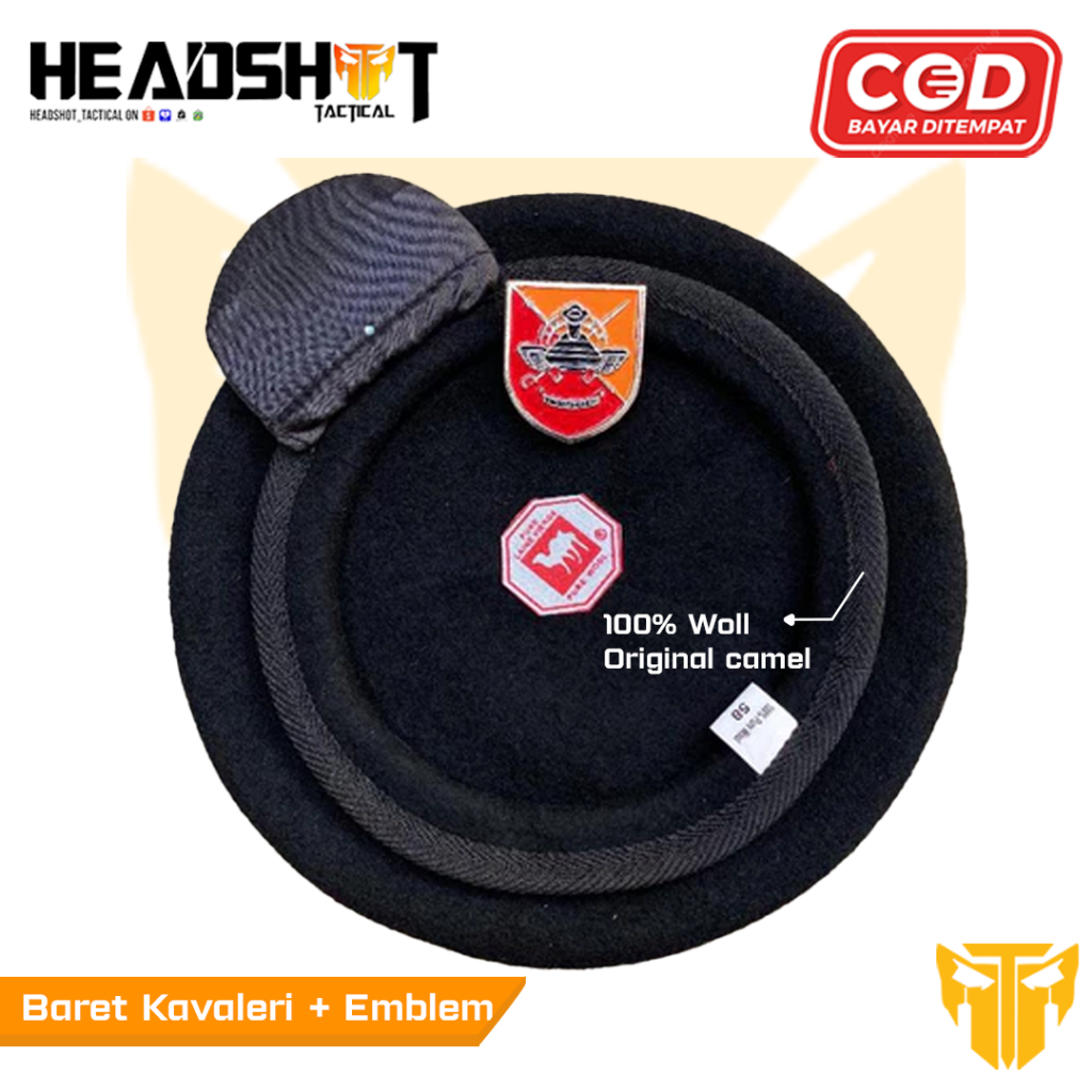 Baret TNI Hitam Camel Kavaleri Baru + Emblem - Baret Camel Emblem Kavaleri - Baret Kavaleri Hitam TN