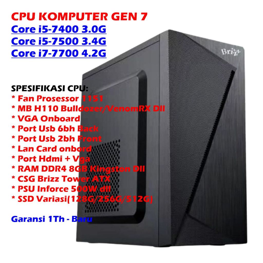 CPU KOMPUTER KANTOR INTEL GEN 7 RAM 8GB, SSD, SOCKET 1151 - CPU KOMPUTER CORE I3-7100 CPU KOMPUTER C