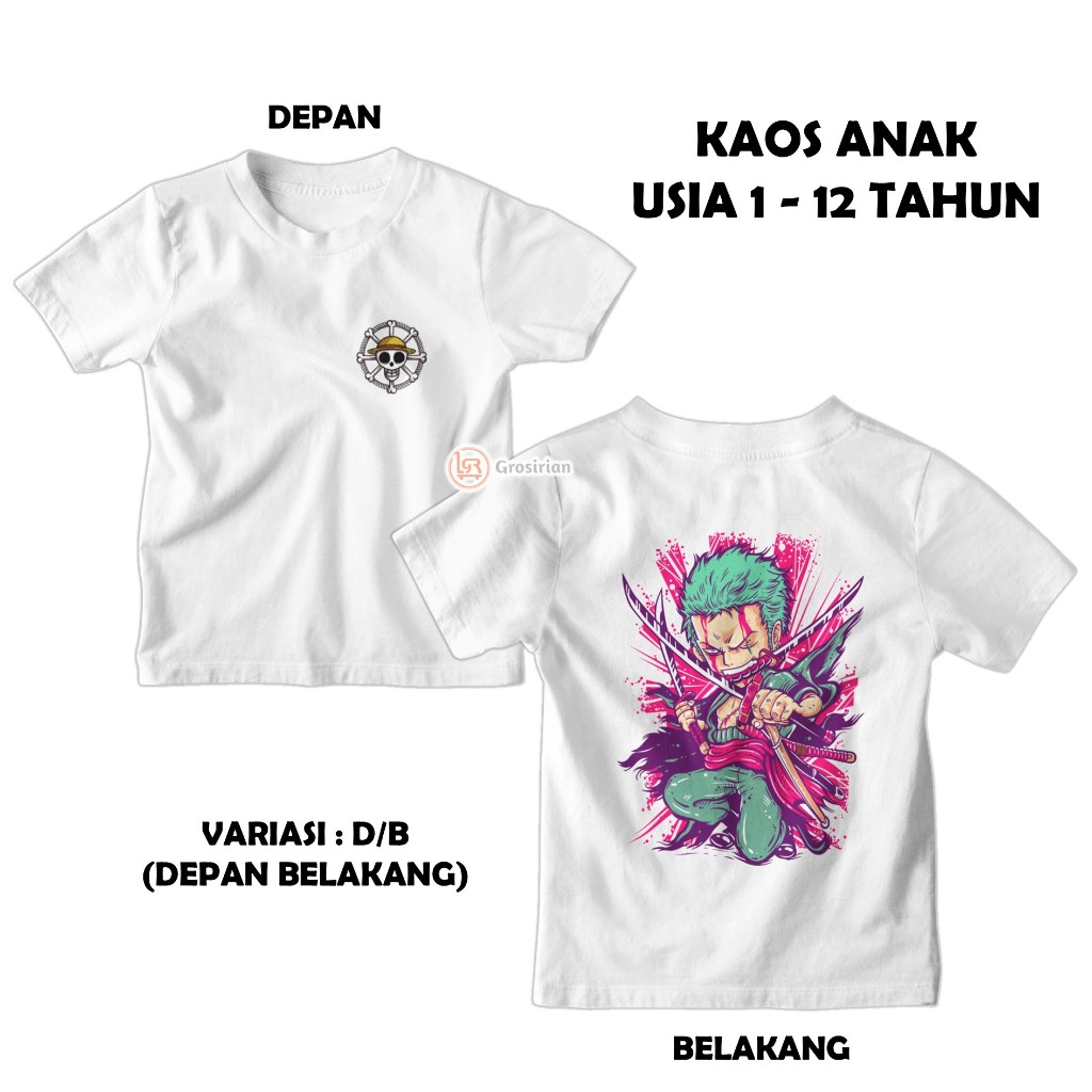 KAOS ANAK ONE PIECE ZORO - KAOS ANAK ANIME ZORO ONE PIECE, KAOS BAJU ANAK 1 - 12 TAHUN