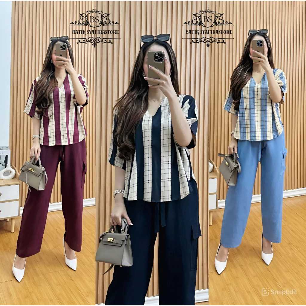 Bela Set One Ld 110 Muat bb 40-65 One set Salur Lengan Pendek Bahan Rayon Pakaian Wanita Terbaru