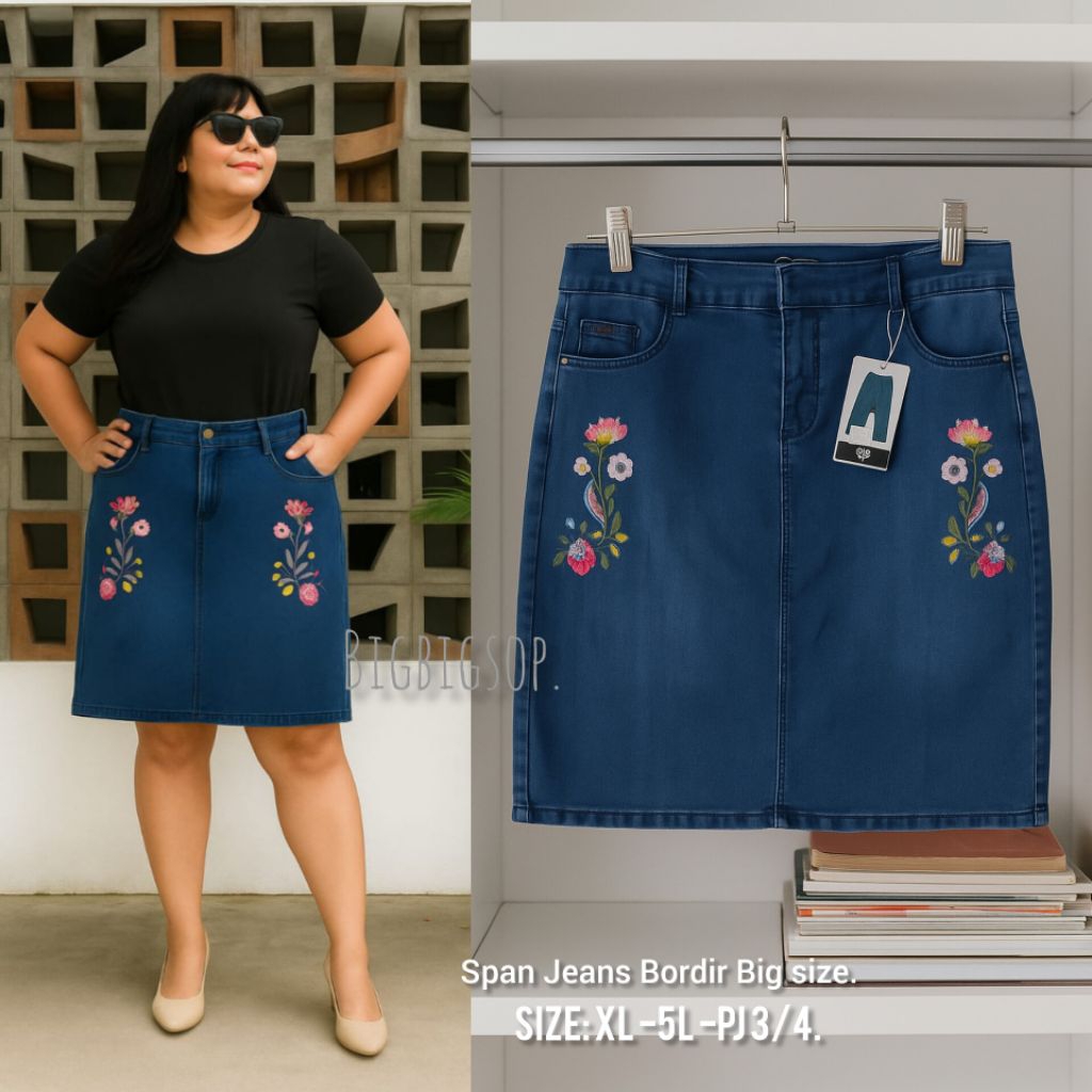ROK SPAN JEANS BORDIR BIG SIZE,Rok span jeans bordir  selutut jumbo,Rok span stretch -Melar .