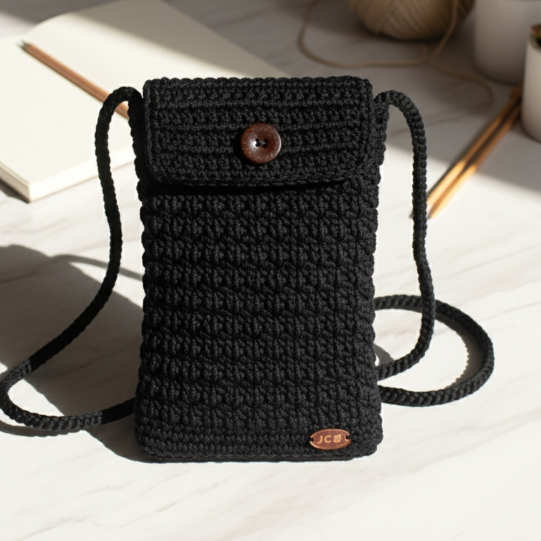 Dompet HP Rajut Wanita Tali Panjang Elegant Hitam / Tas Selempang Rajut Handphone Mini Wanita Black