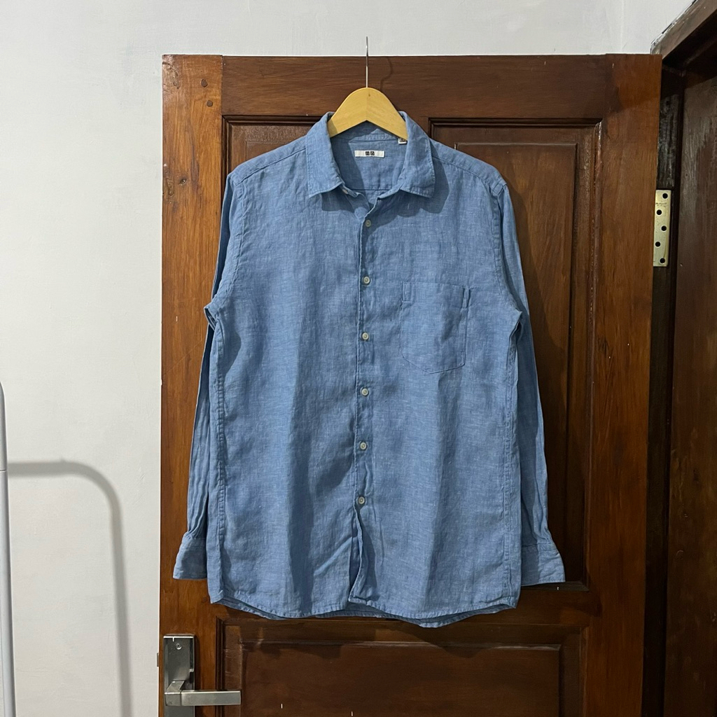 [L] Uniqlo Linen Cotton Jeans Shirt Long Sleeve I Blue I Vintage Vtg Retro Kemeja Garis-garis Salur 