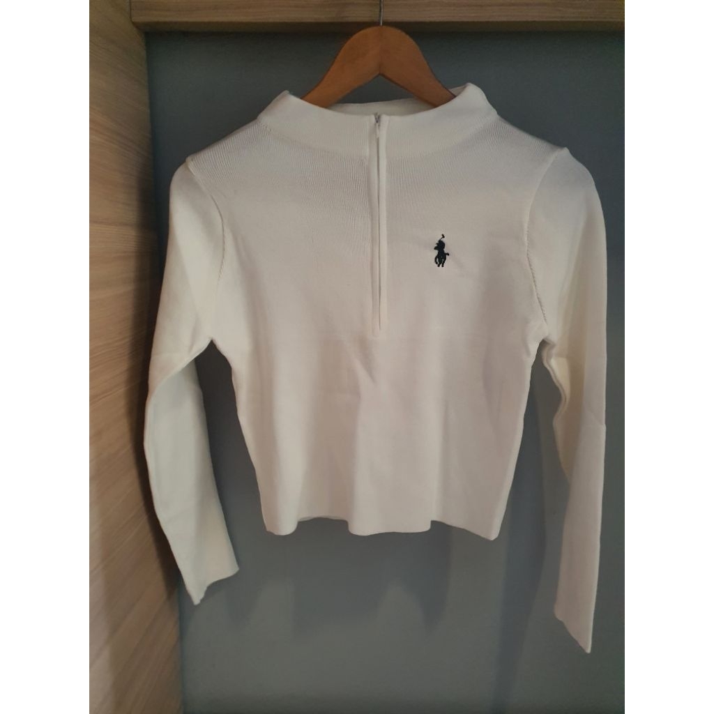 Blouse Rajut Crop Lengan Panjang Wanita – Knit Top Casual Putih