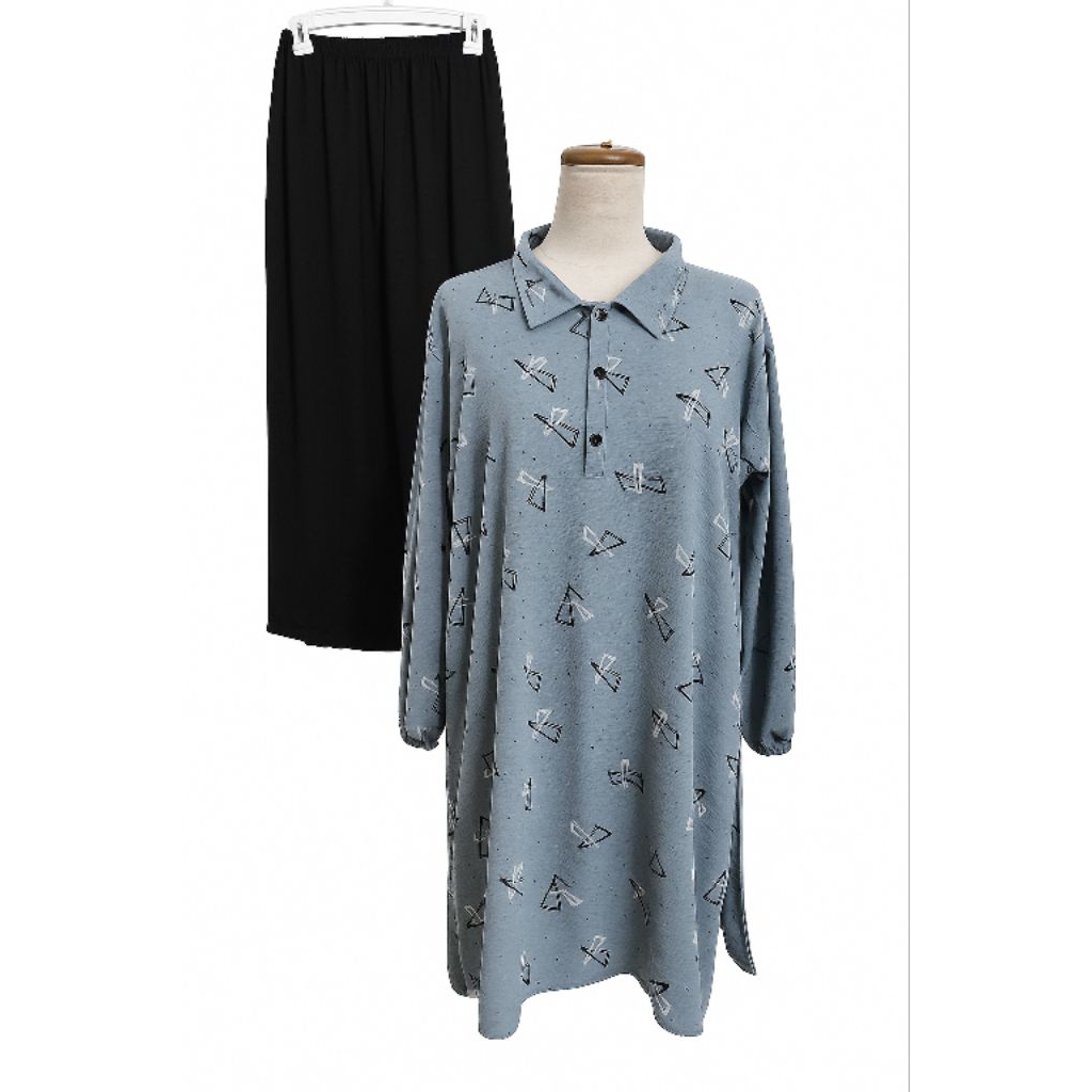 Set Tunik Baby Blue + Kulot Hitam | Bahan Crinkle Premium, Adem & Stylish