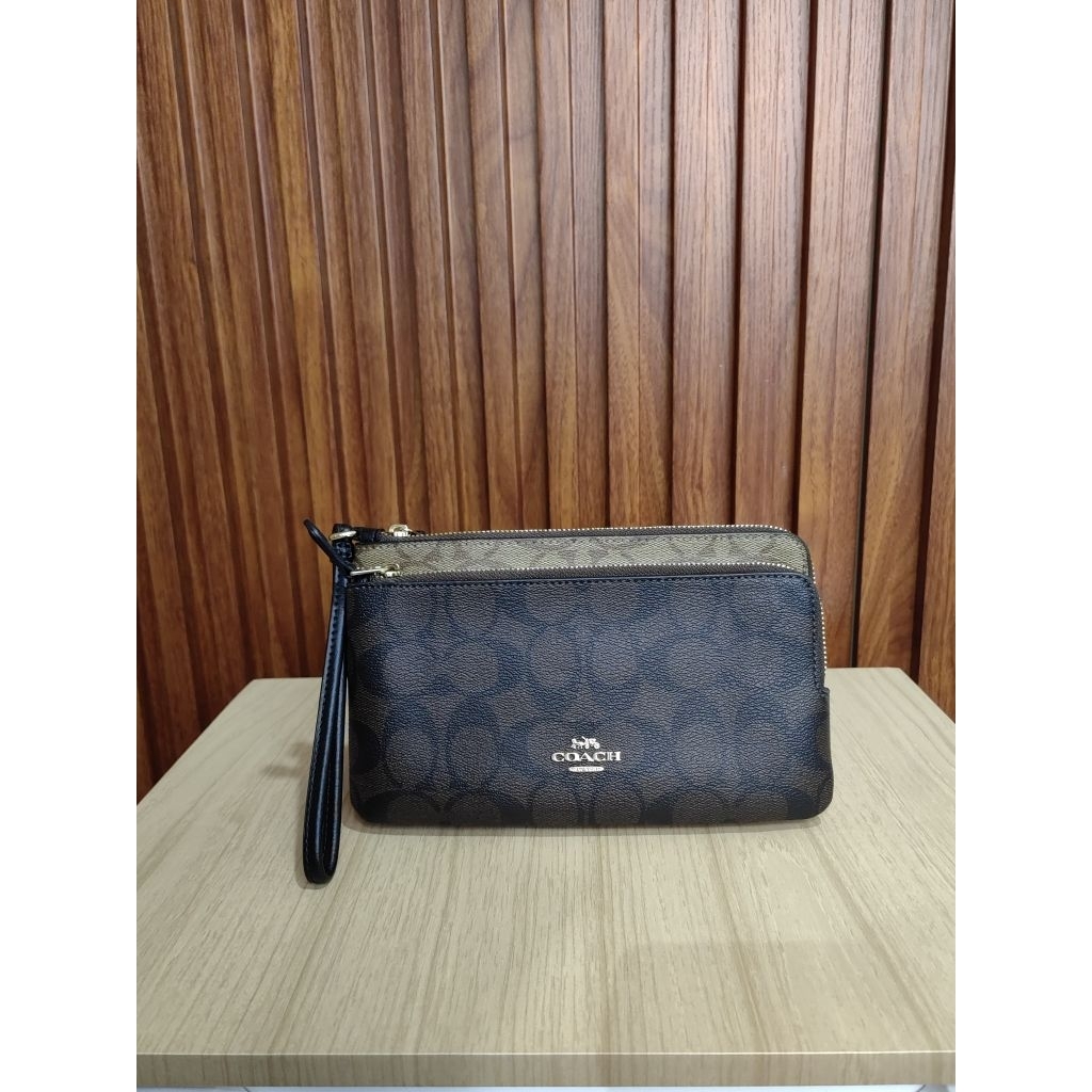 Coach Double Zipper Wallet Khaki Brown Multi