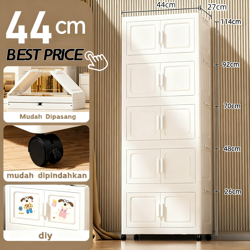 EH [44 cm Besar] Lemari Plastik Lipat 2-5 Susun +  Roda Rak Serbaguna Wardrobe Storage Aesthetic unt