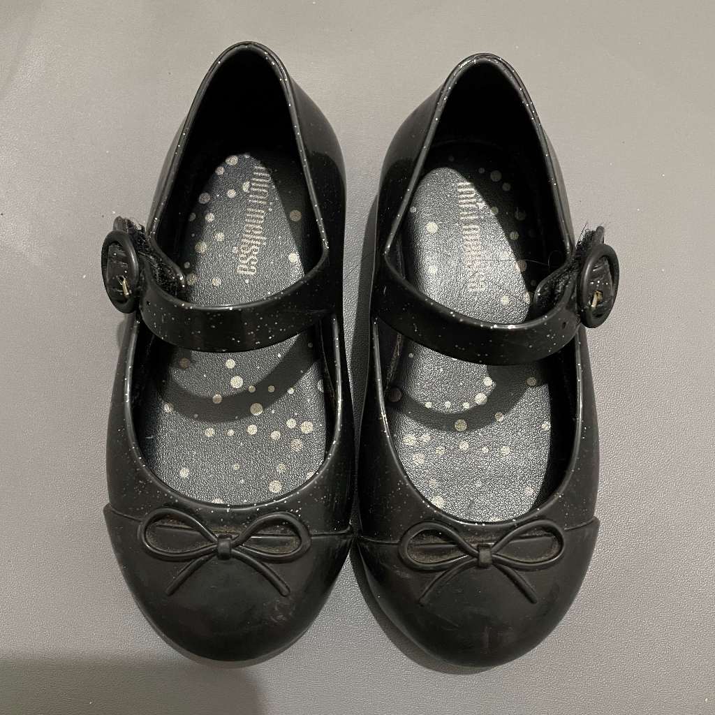 ANAK K449 (MINI MELISSA ORI, PRELOVED) Sepatu Sweet Love Cap Toe Flatshoes Hitam Glitter Silver Infa