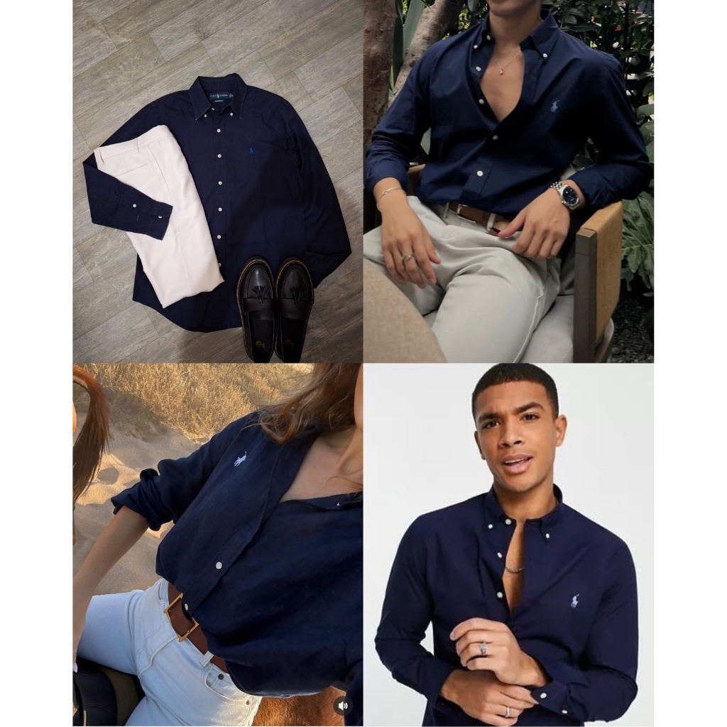 Kemeja Dark Navy Biru Polo Ralph Lauren Pria Wanita Cotton Oxford Original