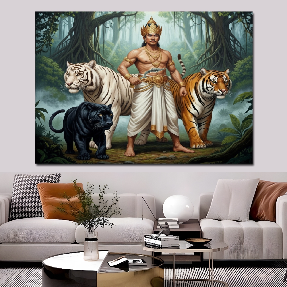 Lukisan Crtak Prabu Siliwangi & Harimau-Poster Prabu Siliwangi-Hiasan Dinding Ruang Tamu