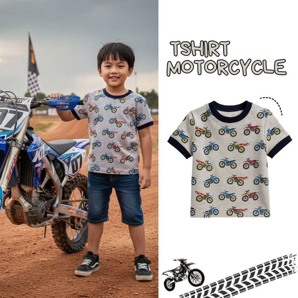 Kaos Anak Laki - Laki Motif Motor Trail Keren | Baju Anak Cotton Nyaman Usia 4-10 Tahun